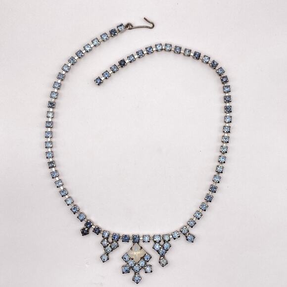 Vintage Art Deco Style Blue Prong Set Crystal Glass Necklace 16" - Picture 3 of 11